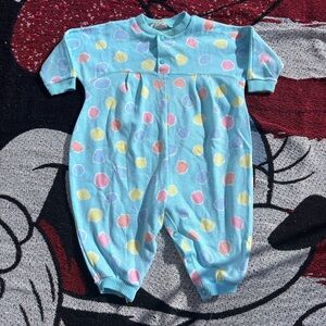 VINTAGE ONEITA KIDS BLUE GRAPHIC PRINT ONE PIECE PAJAMAS ROMPER SIZE 12 MONTHS